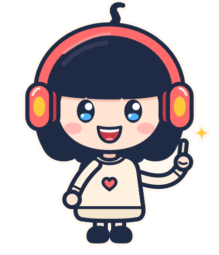 Mirai-chan, cô bé tóc đen đeo tai nghe màu san hô, đang giơ ngón tay cái
